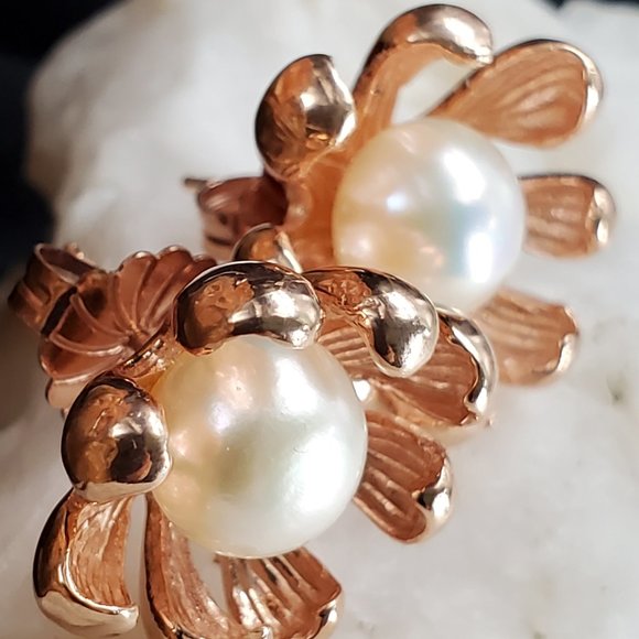 Sterling Silver 925/14K Rose Gold Studs Large Freshwater Pearls Earriings - Picture 10 of 11